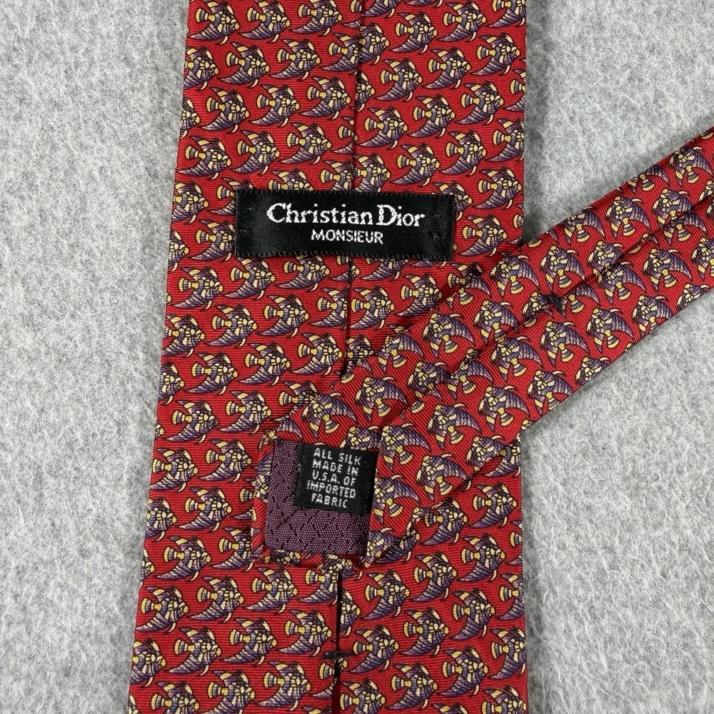 Vintage Christian Dior Monsieur Red Silk Tropical Fish Tie Made Italy 90s 56x3.7 - Picture 3 of 7